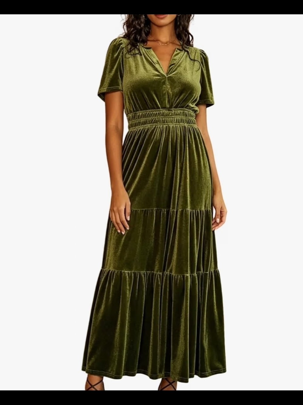 R. Vivimos Olive Green Velvet Tiered Maxi Dress - Women